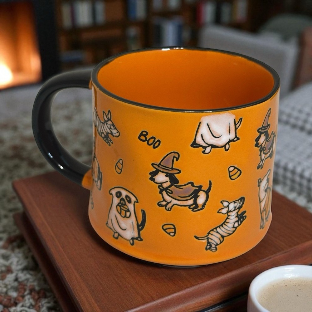 New Eli And Ana Halloween Coffee Mug Handmade Ceramics Tricky Treat Dog Orange